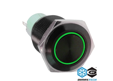 Push-Button DimasTech® Black, 16mm ID, Momentary Action, Led Color Green